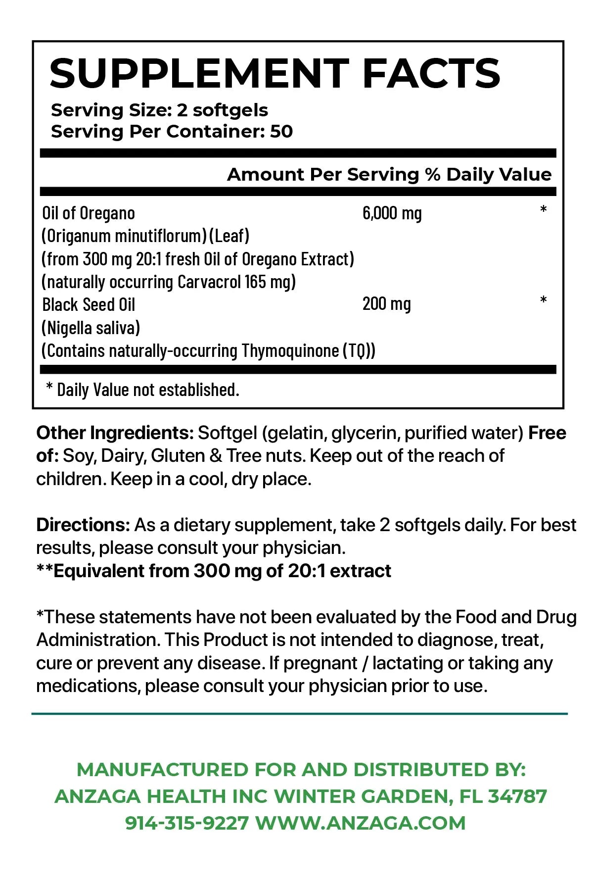 Oregano Oil with Black Seed Oil, 100 softgels/ Aceite de Oregano AnZaGa Health